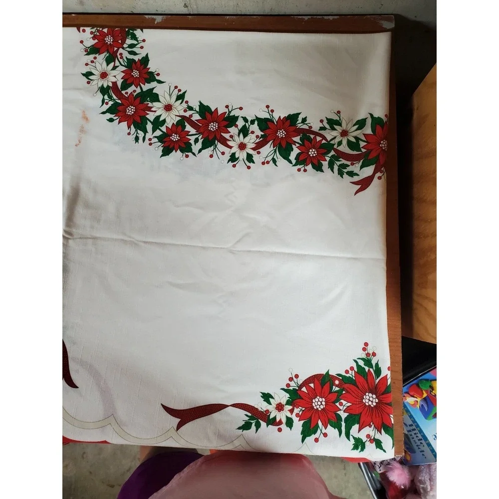 Vintage MCM Holiday Christmas Table Cloth Linen Blend‎ Bells Holly 84